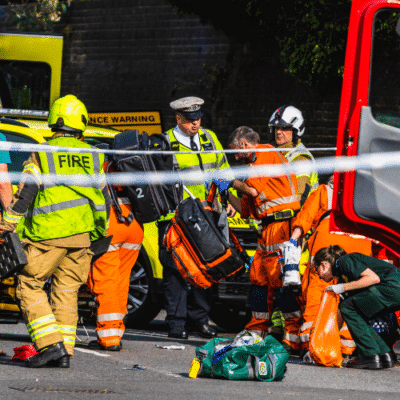 A group of emergency service workers including police and fire service personnel